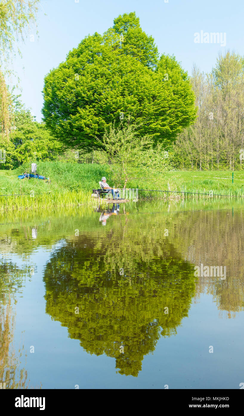 Billingham, north east  England, UK. 8th May, 2018. Weather: Fishing for Carp on Charlton`s Pond in Billingham in glorious sunshine on a glorious back to work Tuesday. Following record breaking early May bank holiday temperatures, forecast is for cooler weather with some rain for the rest of the week Credit: ALAN DAWSON/Alamy Live News Stock Photo